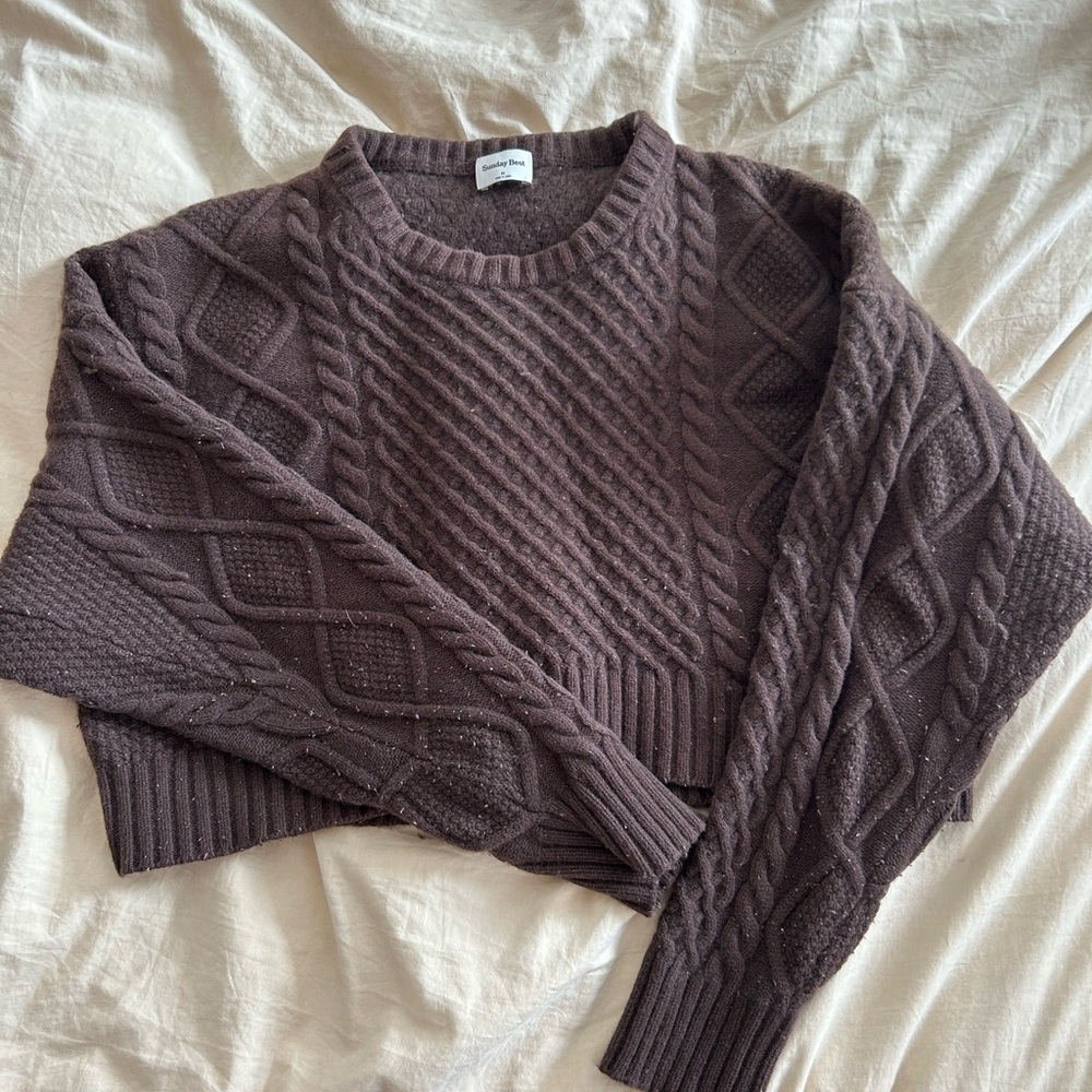 Aritzia Peggy Sunday Best Cropped Cable Knit Sweater Brown